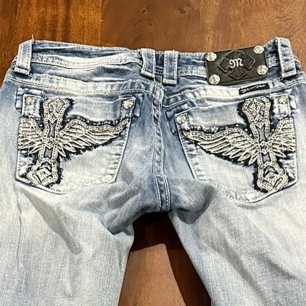 Miss Me Rhinestone Cross Wing Distressed Bootcut Jeans Blue Size 29